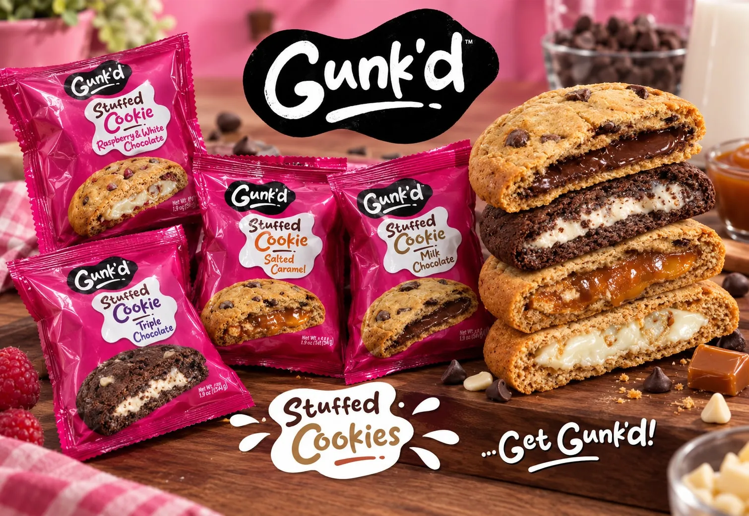 Gunk'd stuffed cookie packs in raspberry and white chocolate, triple chocolate, salted caramel and milk chocolate, beside a stack of filled cookies.
