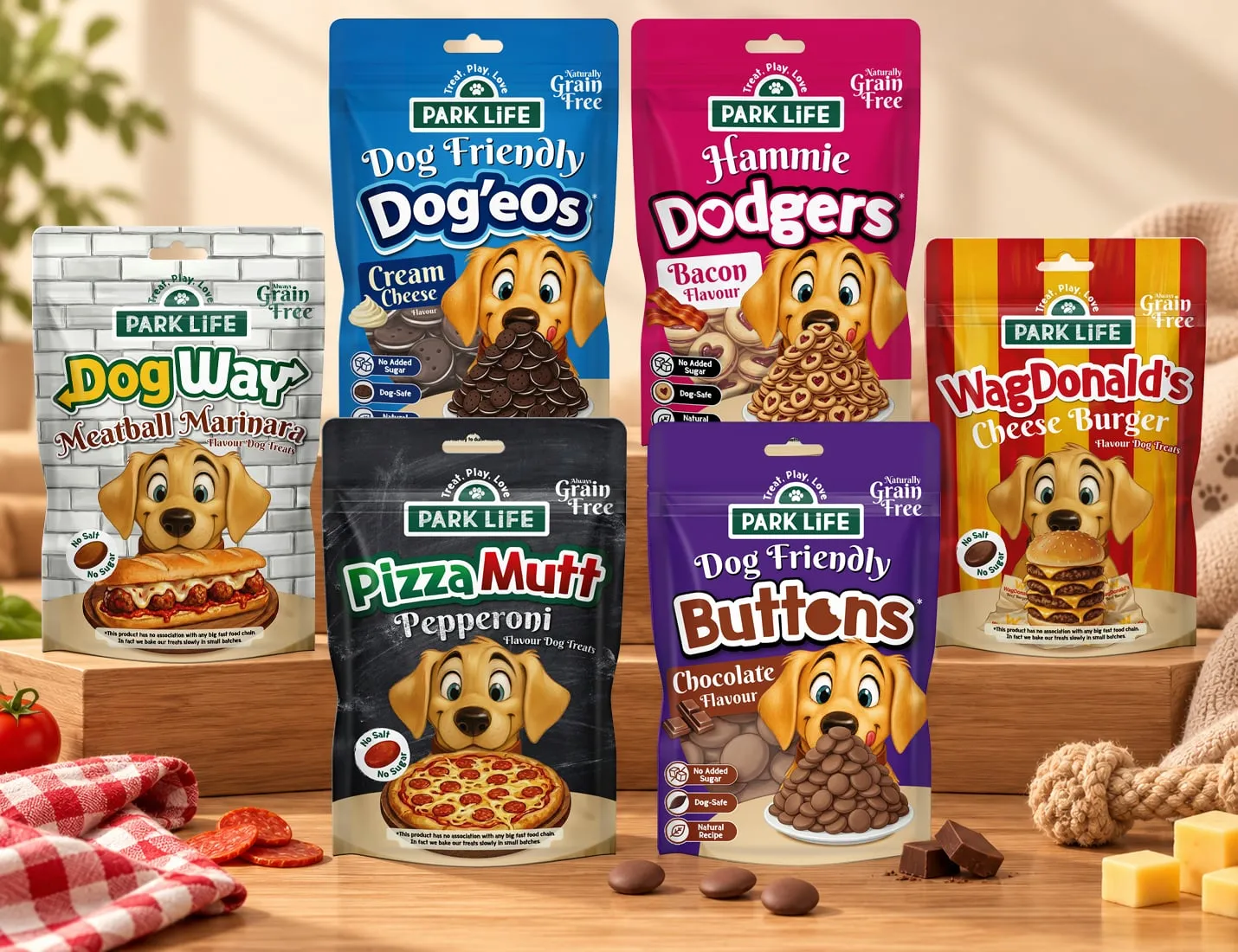 Park Life dog treat pouches: Dog Way Meatball Marinara, Dog'eOs Cream Cheese, Hammie Dodgers Bacon, WagDonald's Cheese Burger, Pizza Mutt Pepperoni and Buttons Chocolate flavour.