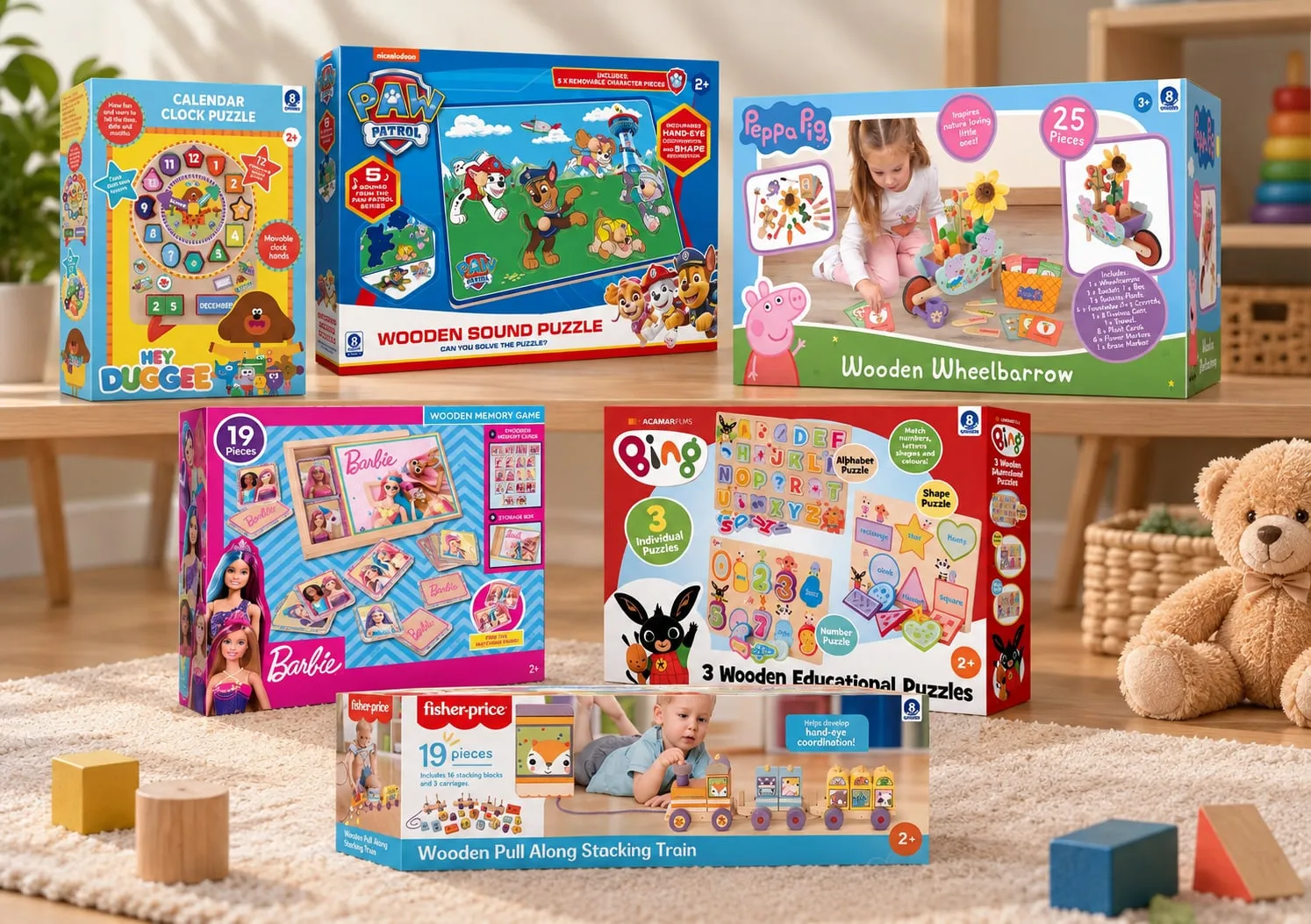 Wooden toy boxes: a Hey Duggee calendar clock puzzle, Paw Patrol wooden sound puzzle, Peppa Pig wooden wheelbarrow, Barbie wooden memory game, Bing 3 wooden educational puzzles and a Fisher-Price wooden pull along stacking train.